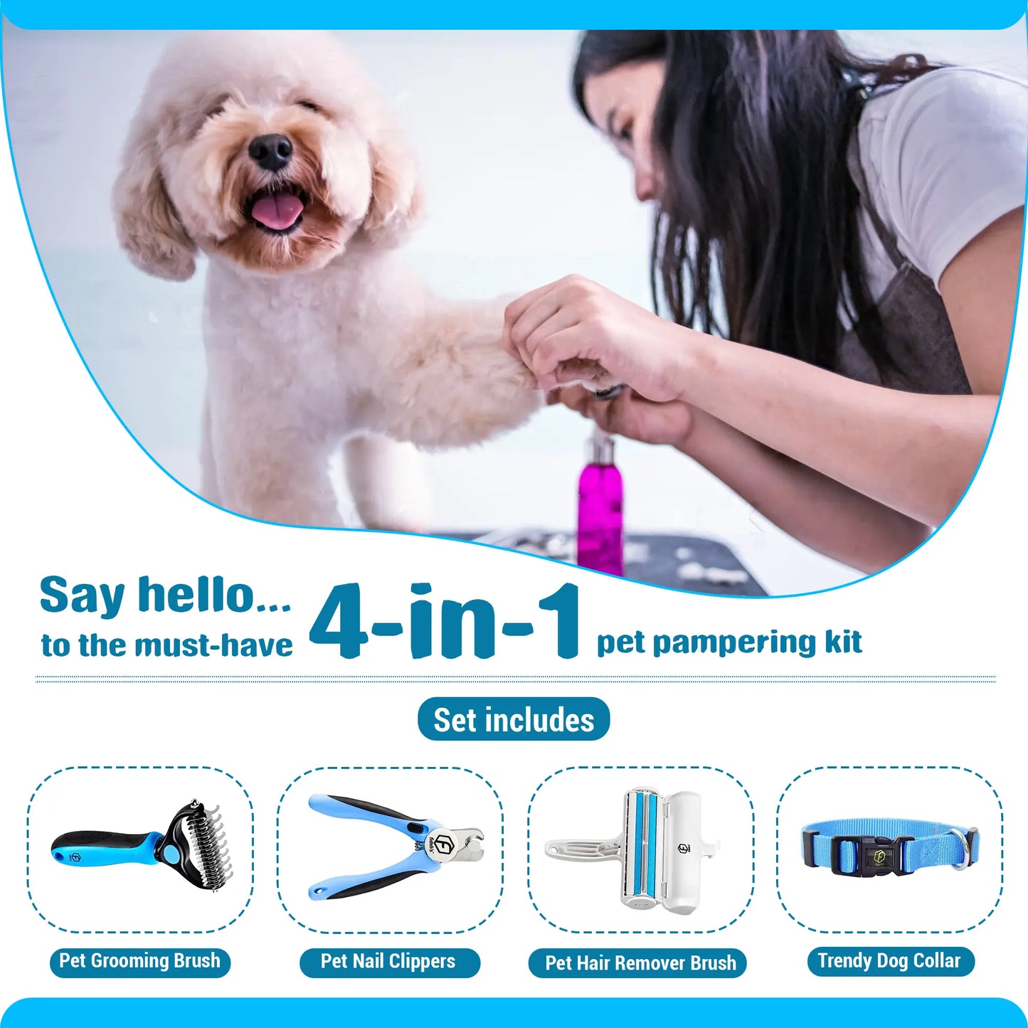 FIDEH 4-in-1 Pet Care Set: Reusable Cat and Dog Hair Remover Brush, Double-Sided Shedding Brush, Nail Clippers, and Nylon Collar for Medium Dogs (Pink, 4 Pieces)