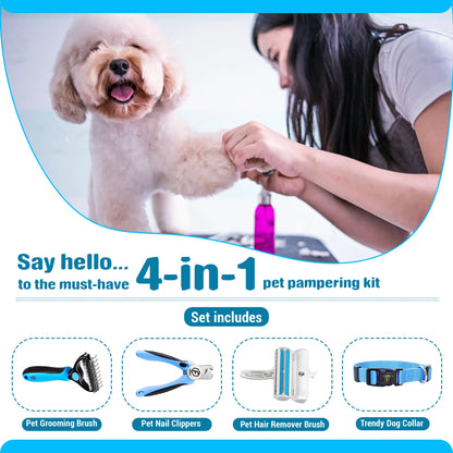 FIDEH 4-in-1 Pet Care Set: Reusable Cat and Dog Hair Remover Brush, Double-Sided Shedding Brush, Nail Clippers, and Nylon Collar for Medium Dogs (Pink, 4 Pieces)