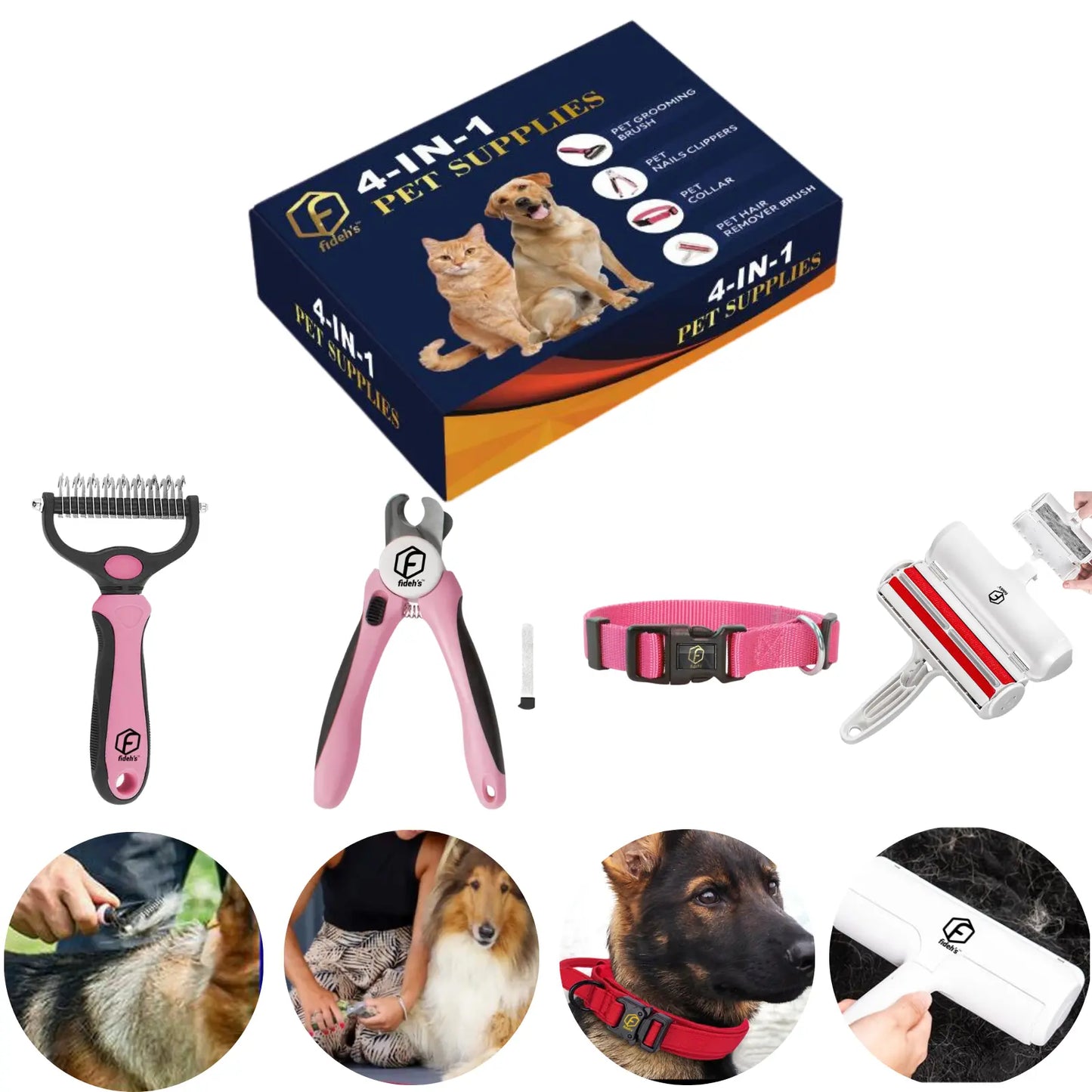 FIDEH 4-in-1 Pet Care Set: Reusable Cat and Dog Hair Remover Brush, Double-Sided Shedding Brush, Nail Clippers, and Nylon Collar for Medium Dogs (Pink, 4 Pieces)