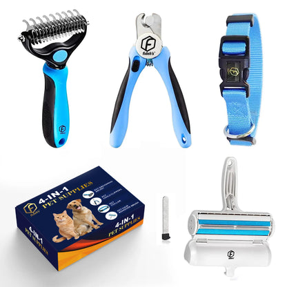 FIDEH 4-in-1 Pet Care Set: Reusable Cat and Dog Hair Remover Brush, Double-Sided Shedding Brush, Nail Clippers, and Nylon Collar for Medium Dogs (Pink, 4 Pieces)
