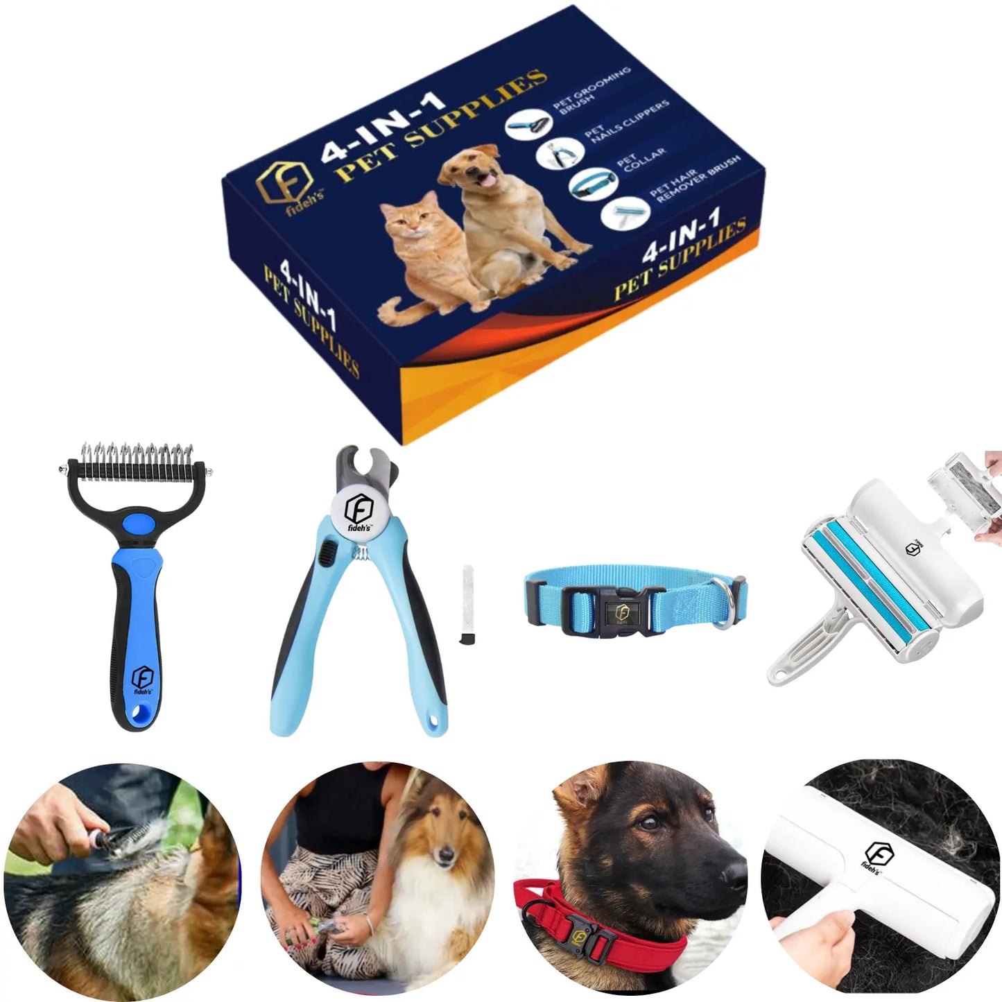 FIDEH 4-in-1 Pet Care Set: Reusable Cat and Dog Hair Remover Brush, Double-Sided Shedding Brush, Nail Clippers, and Nylon Collar for Medium Dogs (Pink, 4 Pieces)