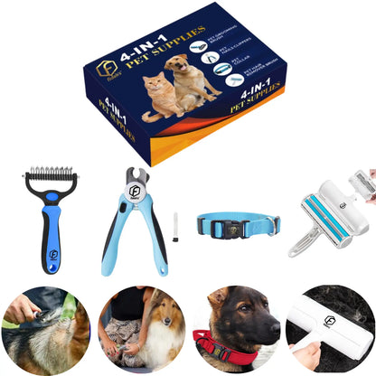 FIDEH 4-in-1 Pet Care Set: Reusable Cat and Dog Hair Remover Brush, Double-Sided Shedding Brush, Nail Clippers, and Nylon Collar for Medium Dogs (Pink, 4 Pieces)